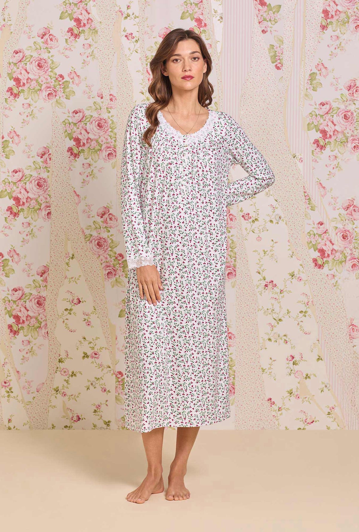 A lady wearing Crimson Sprig Dreamy Sweater Knit Long Sleeve Ballet Nightgown