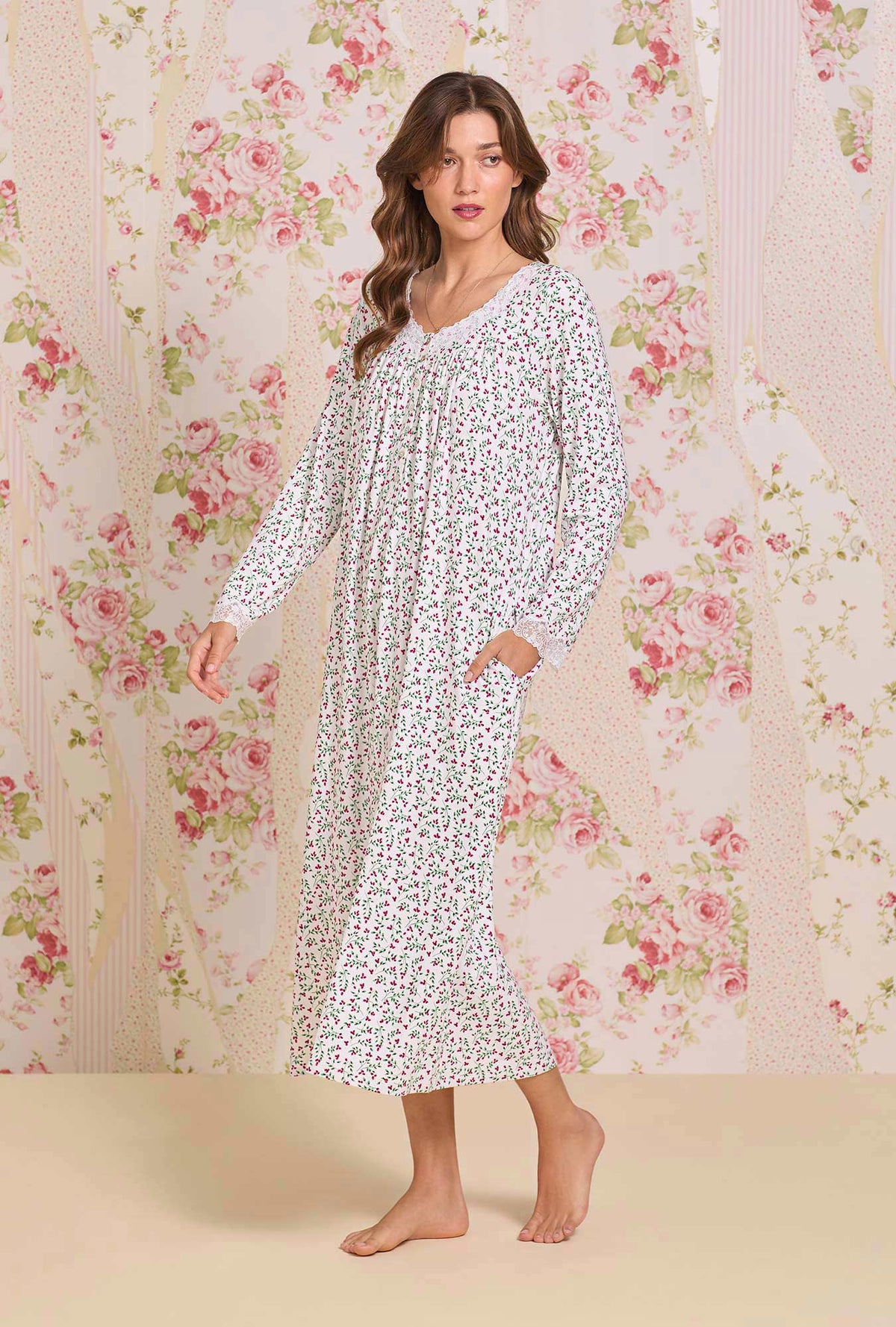 A lady wearing Crimson Sprig Dreamy Sweater Knit Long Sleeve Ballet Nightgown