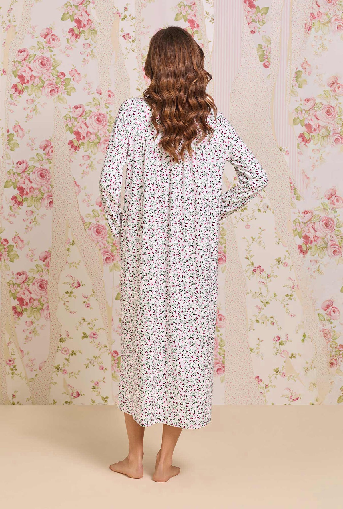 A lady wearing Crimson Sprig Dreamy Sweater Knit Long Sleeve Ballet Nightgown