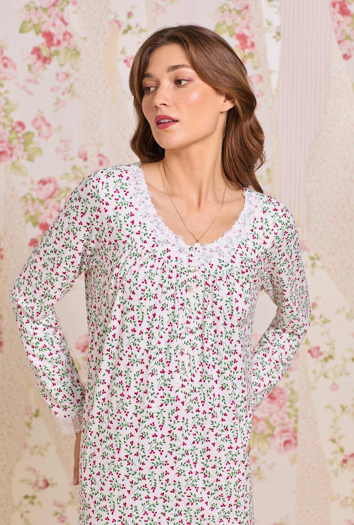 A lady wearing Crimson Sprig Dreamy Sweater Knit Long Sleeve Ballet Nightgown