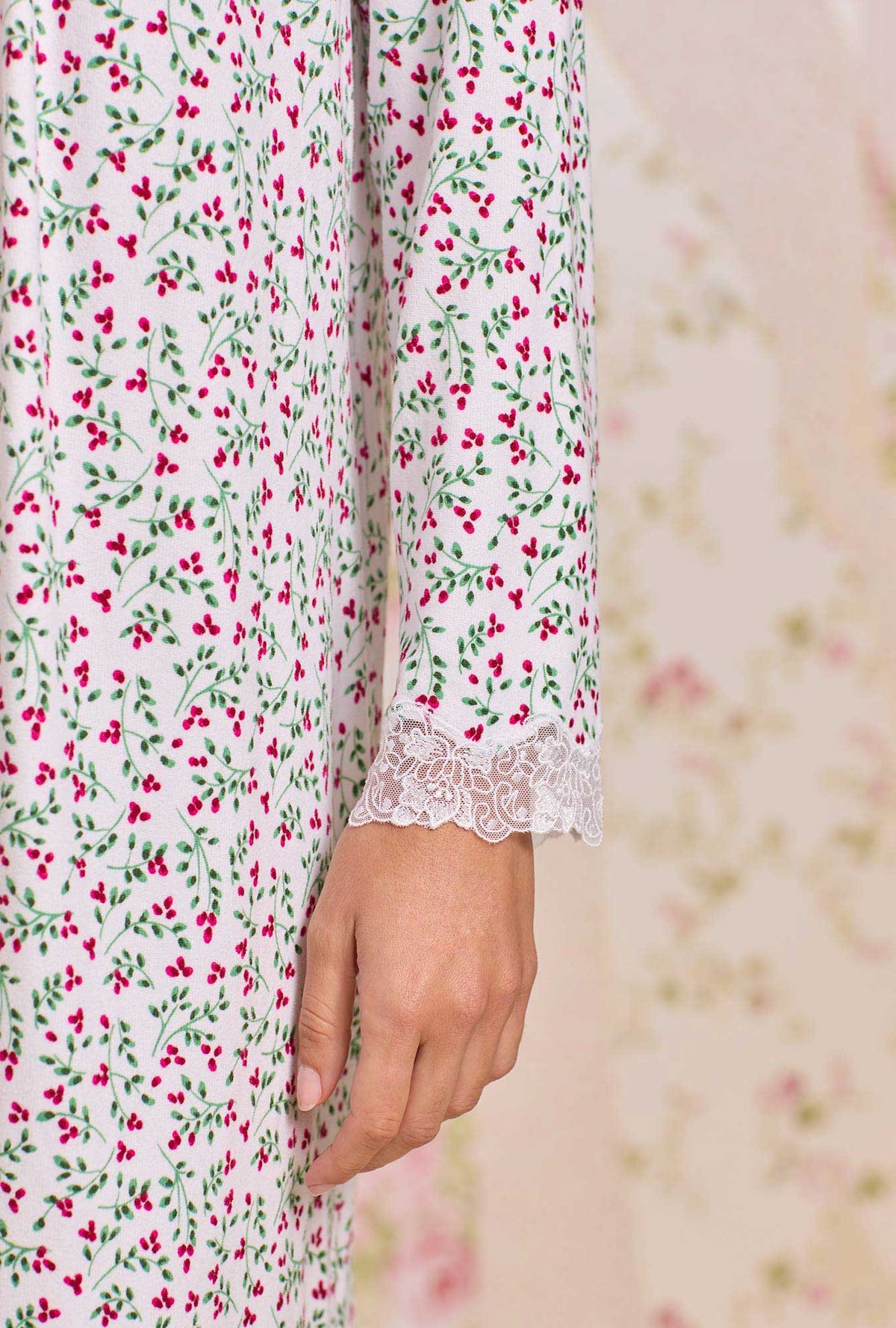 A lady wearing Crimson Sprig Dreamy Sweater Knit Long Sleeve Ballet Nightgown