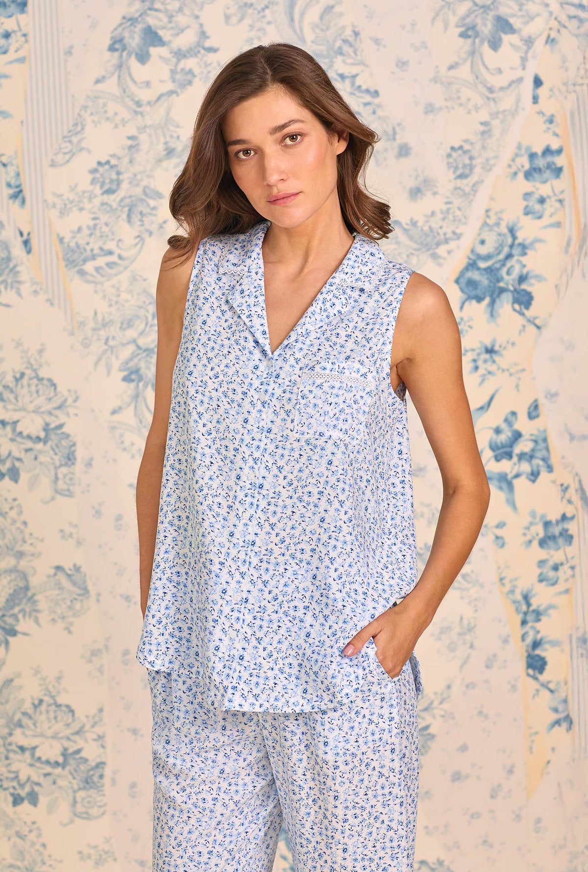 A lady wearing Coastal Sprig Ecovero™ Rayon Capri Pajama closer look