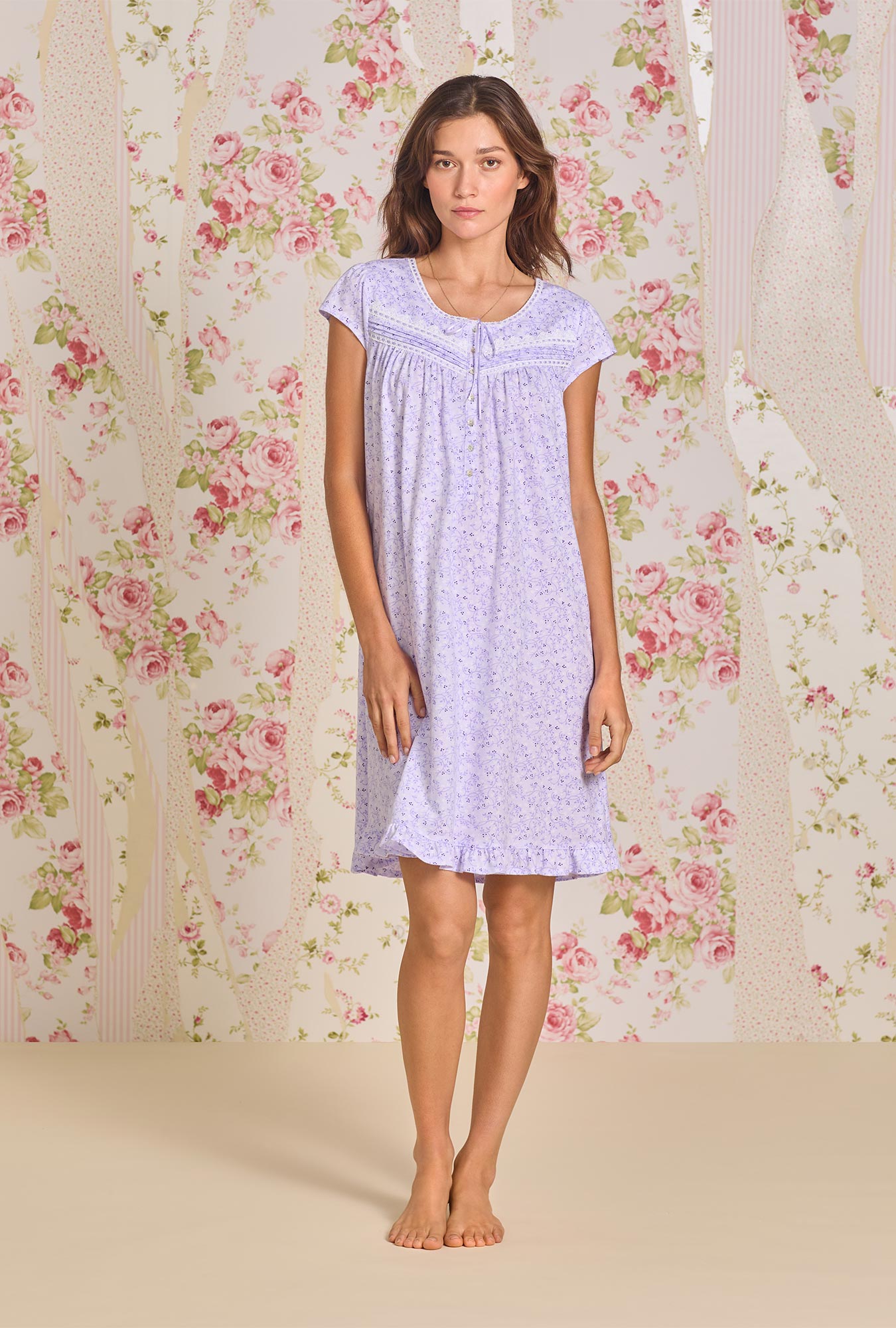 A lady wearing Lilac Vine Cotton Knit Short Nightgown