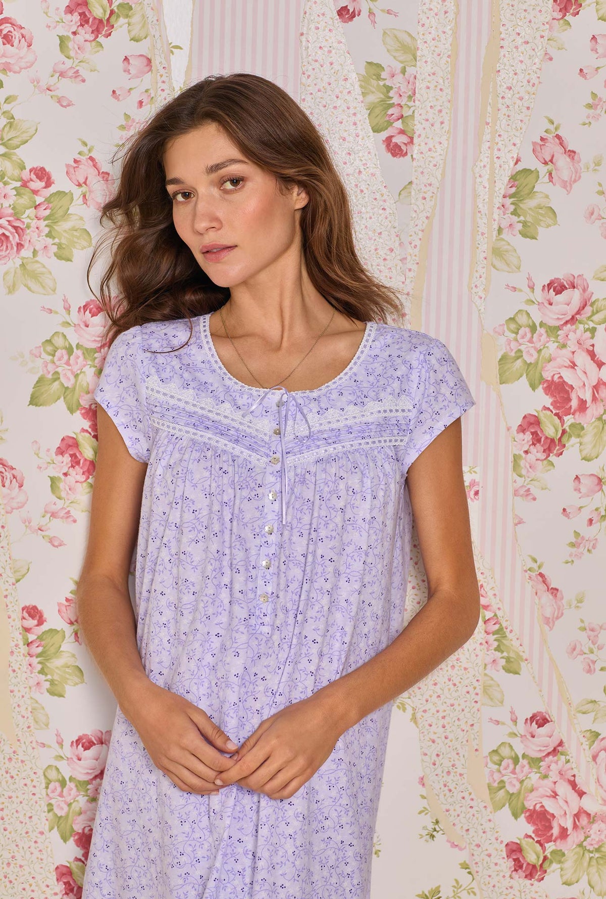 A lady wearing Lilac Vine Cotton Knit Short Nightgown