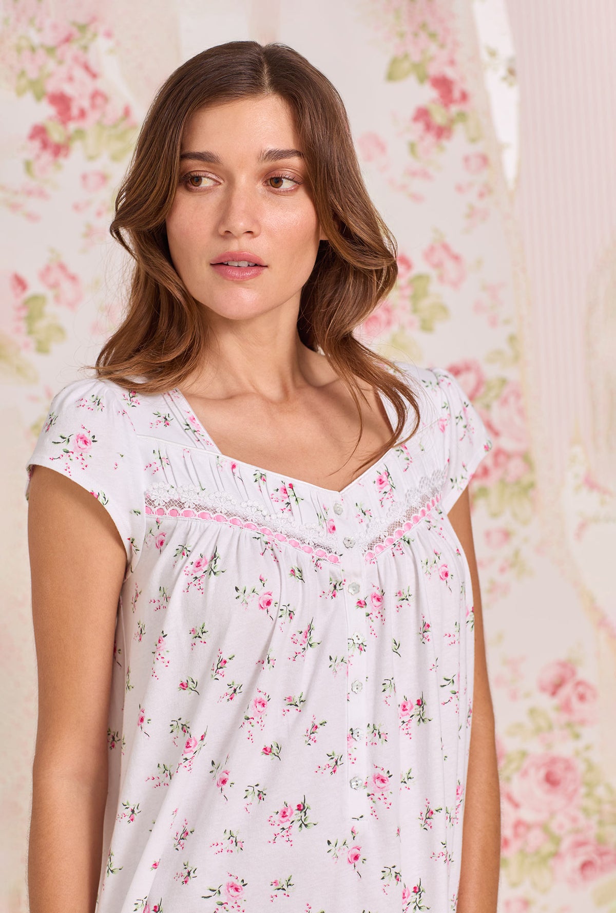 A Lady Wearing Rose Whispers Cotton Knit Cap Sleeve Chemise Close up view