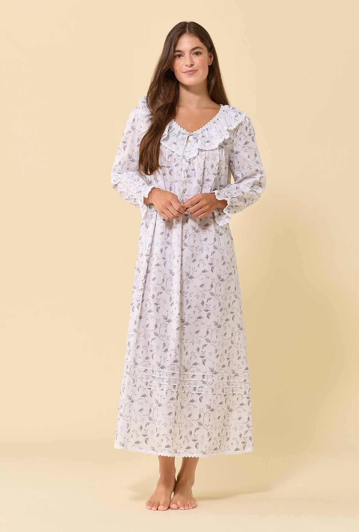 Clara Silver Willow 100% Cotton Woven Lawn Long Sleeve Nightdress