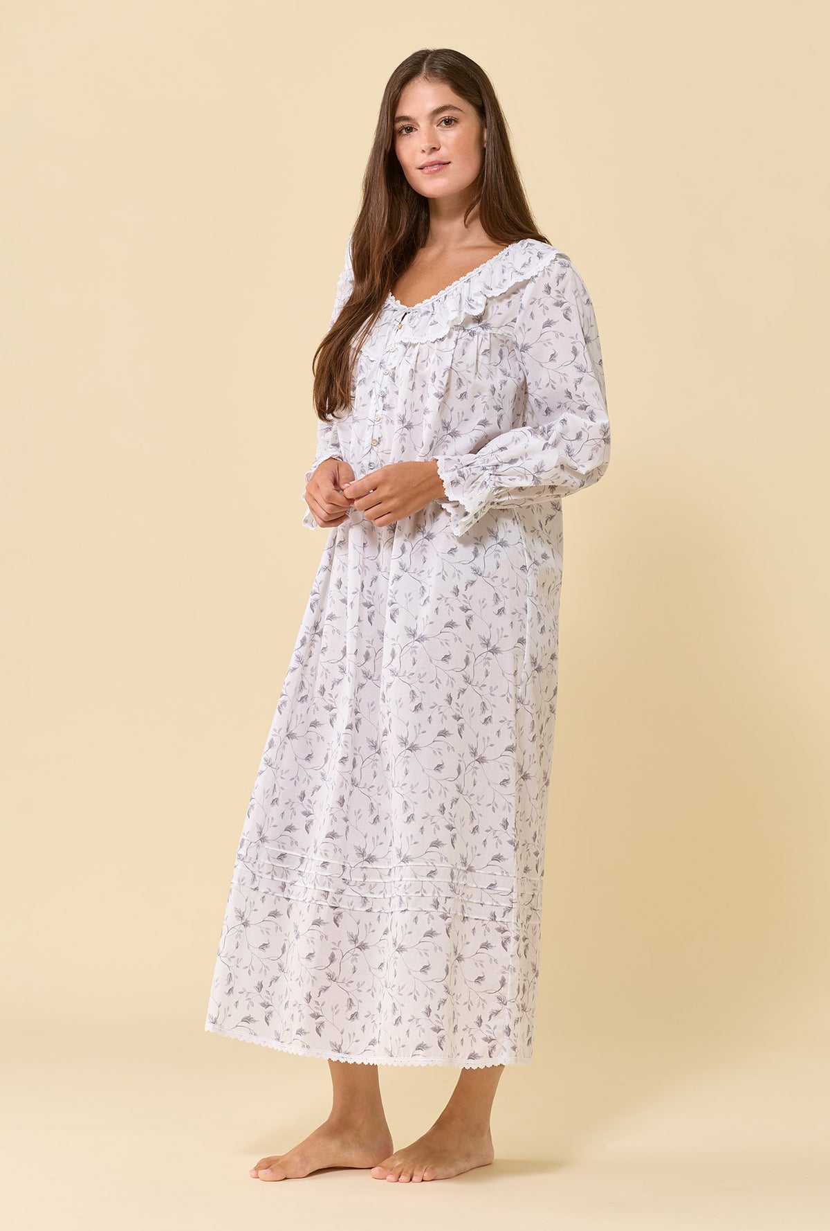 Clara Silver Willow 100% Cotton Woven Lawn Long Sleeve Nightdress