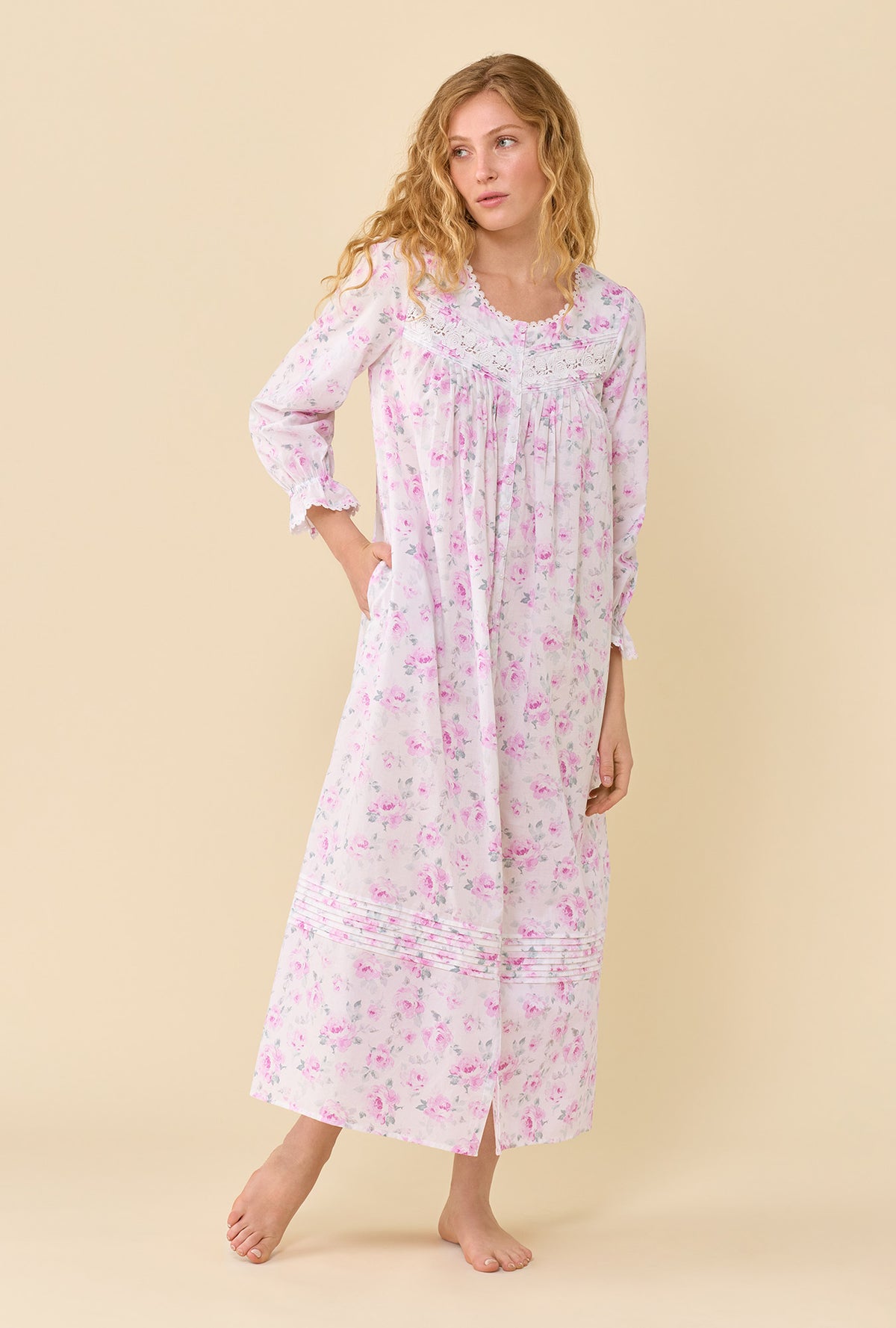 A lady wearing Antique Rose 100% Cotton Woven Lawn Long Robe looking side
