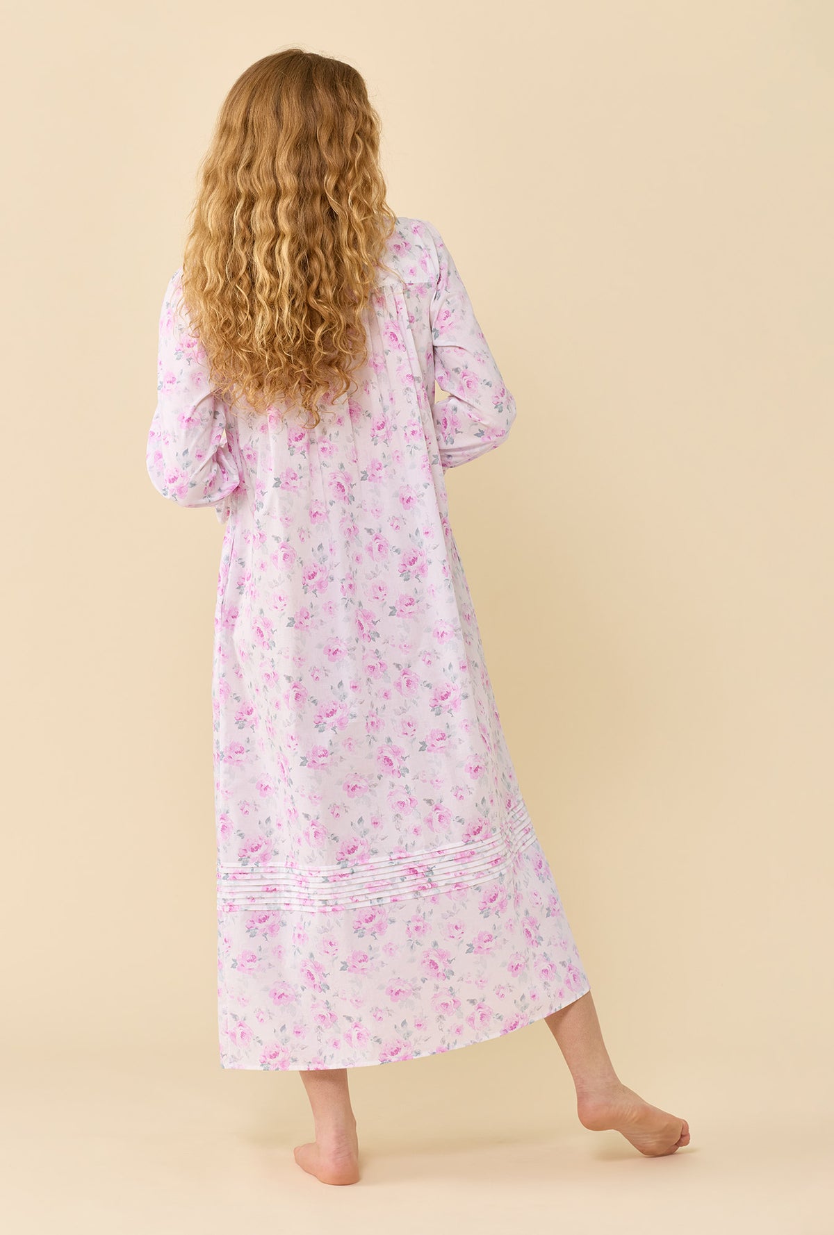 A lady wearing Antique Rose 100% Cotton Woven Lawn Long Robe back view