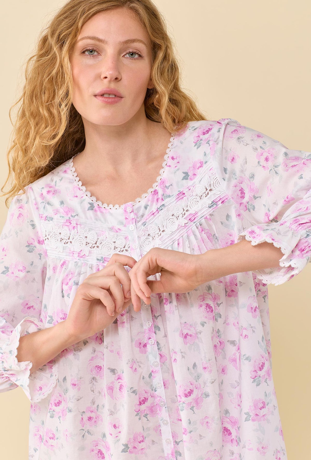 A lady wearing Antique Rose 100% Cotton Woven Lawn Long Robe closer look