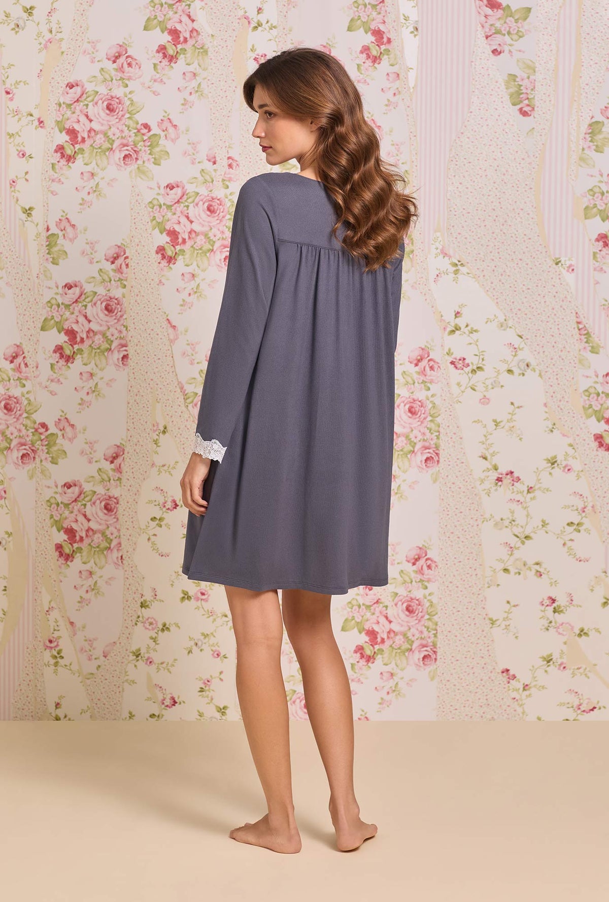 A lady wearing Charcoal Dreamy Sweater Knit Chemise