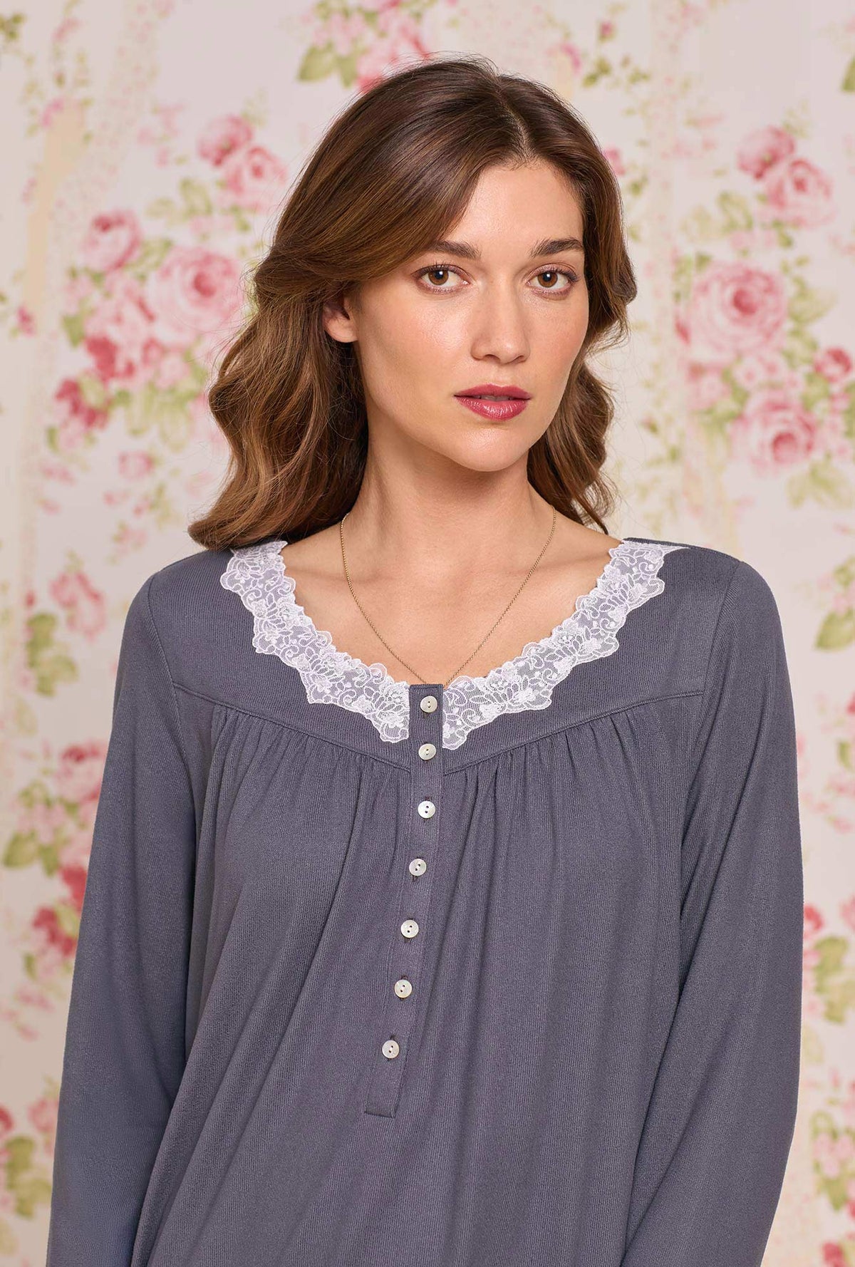 A lady wearing Charcoal Dreamy Sweater Knit Chemise