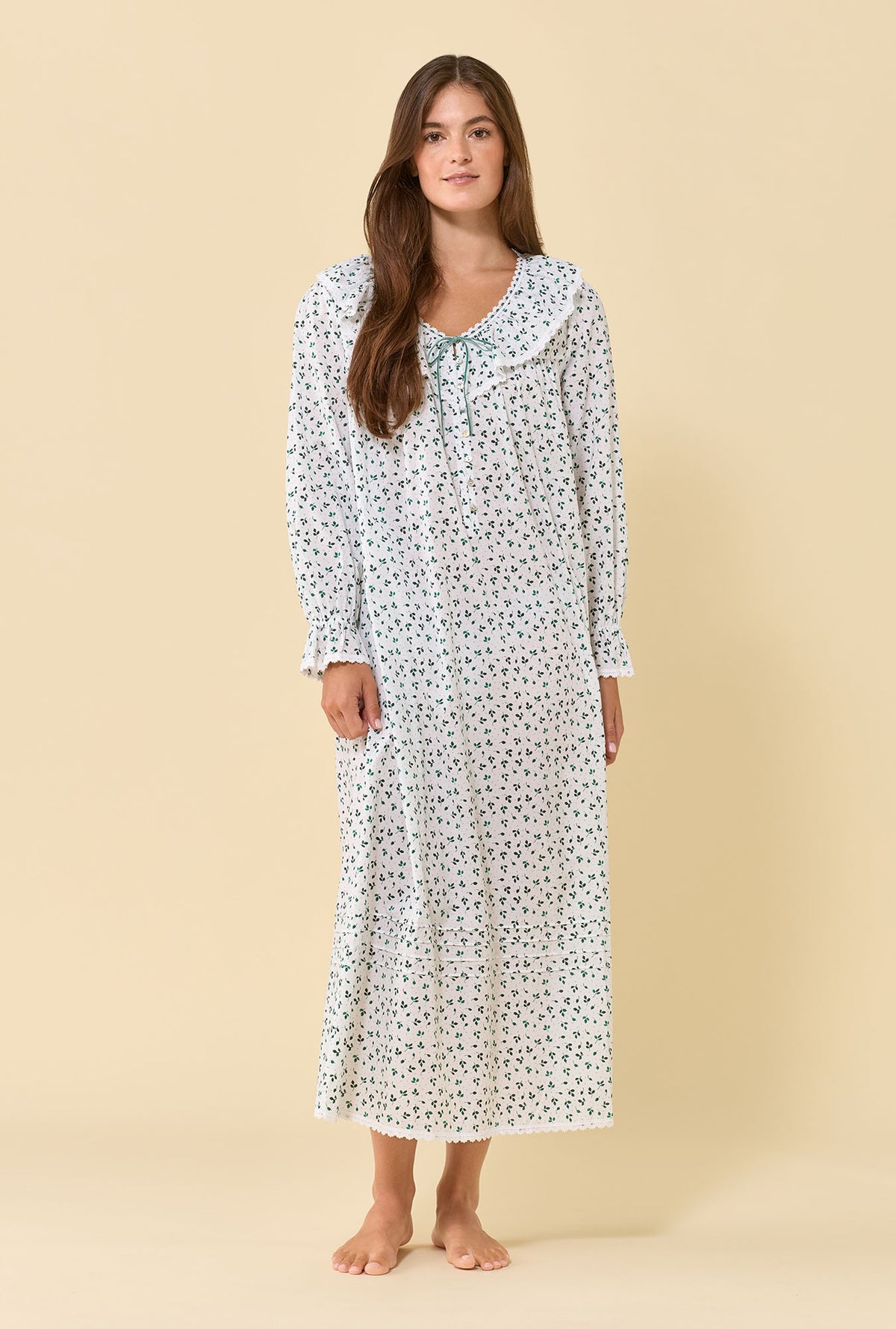 Clara Meadow Sage 100% Cotton Woven Lawn Long Sleeve Nightdress