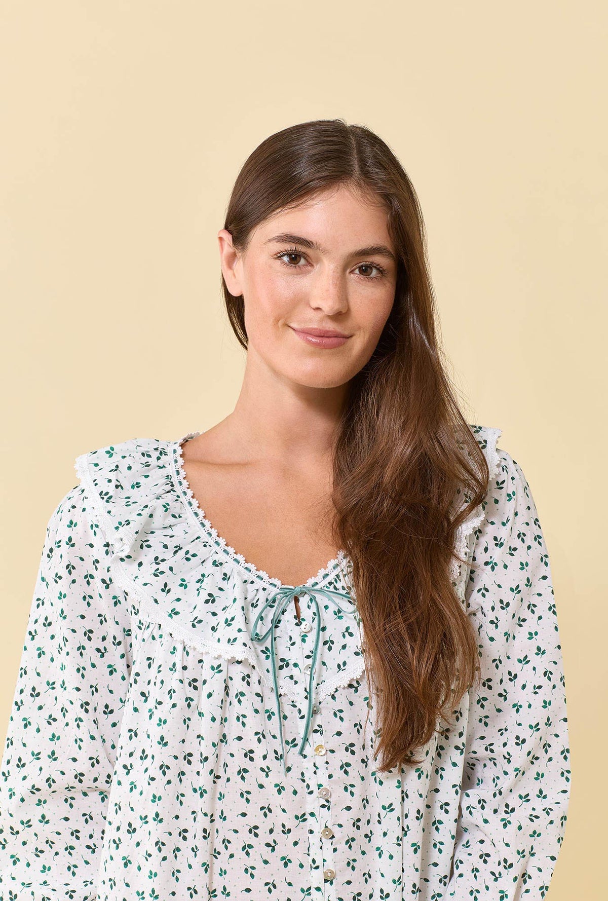 Clara Meadow Sage 100% Cotton Woven Lawn Long Sleeve Nightdress