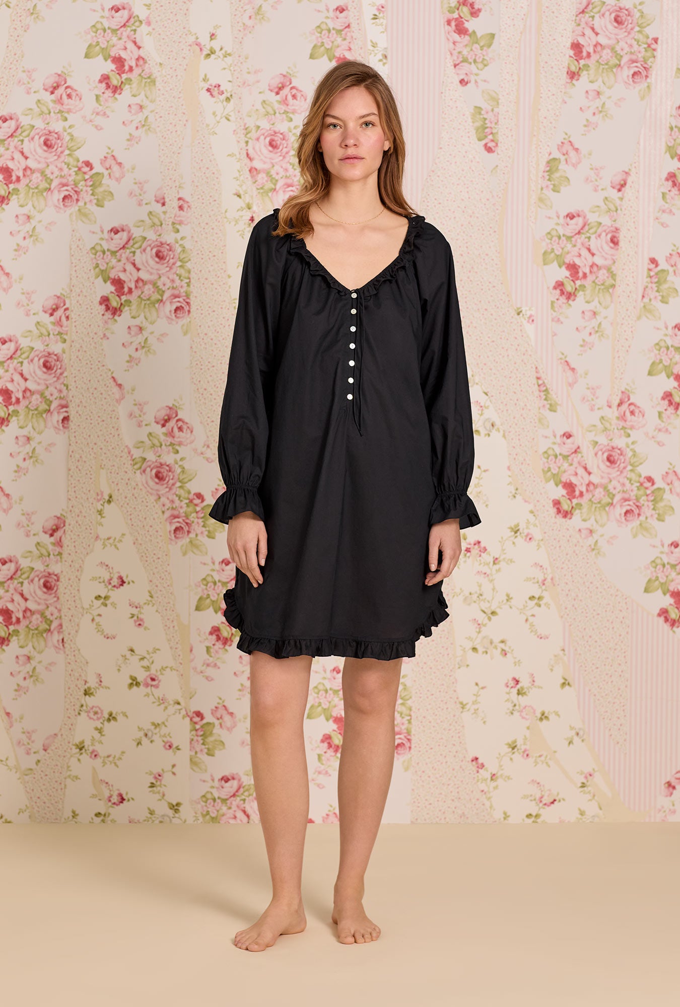 A lady wearing Iconic Black Cotton Lawn Poet Shirt