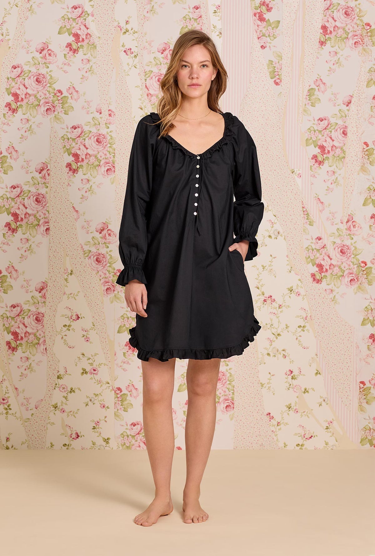 A lady wearing Iconic Black Cotton Lawn Poet Shirt