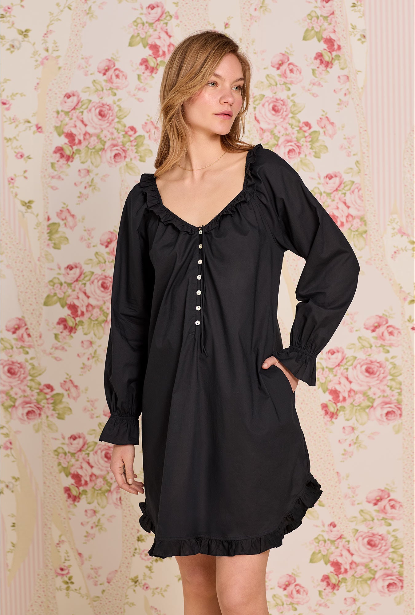 A lady wearing Iconic Black Cotton Lawn Poet Shirt