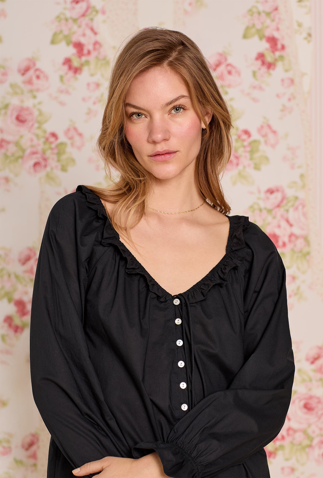 A lady wearing Iconic Black Cotton Lawn Poet Shirt