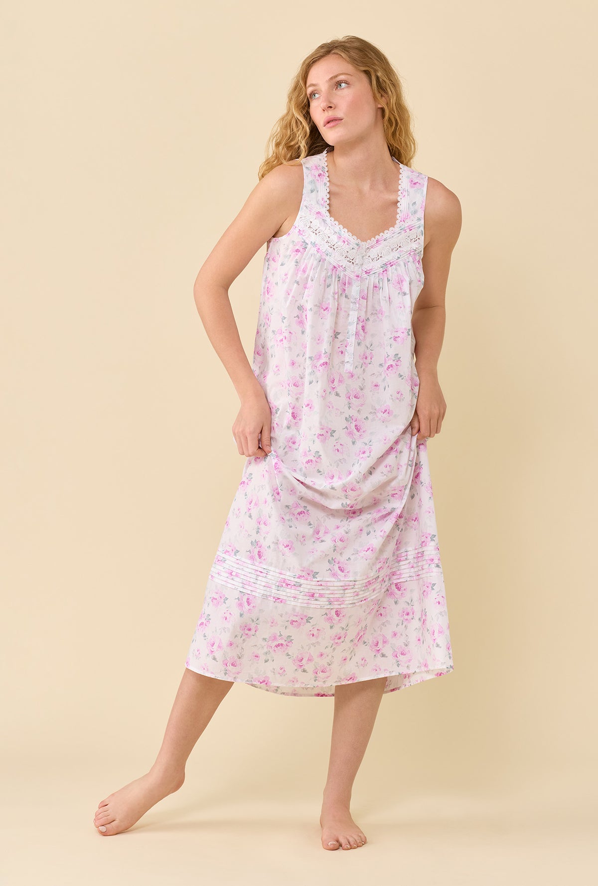 A lady wearing Eileen Antique Rose 100% Cotton Woven Lawn Ballet Nightgown