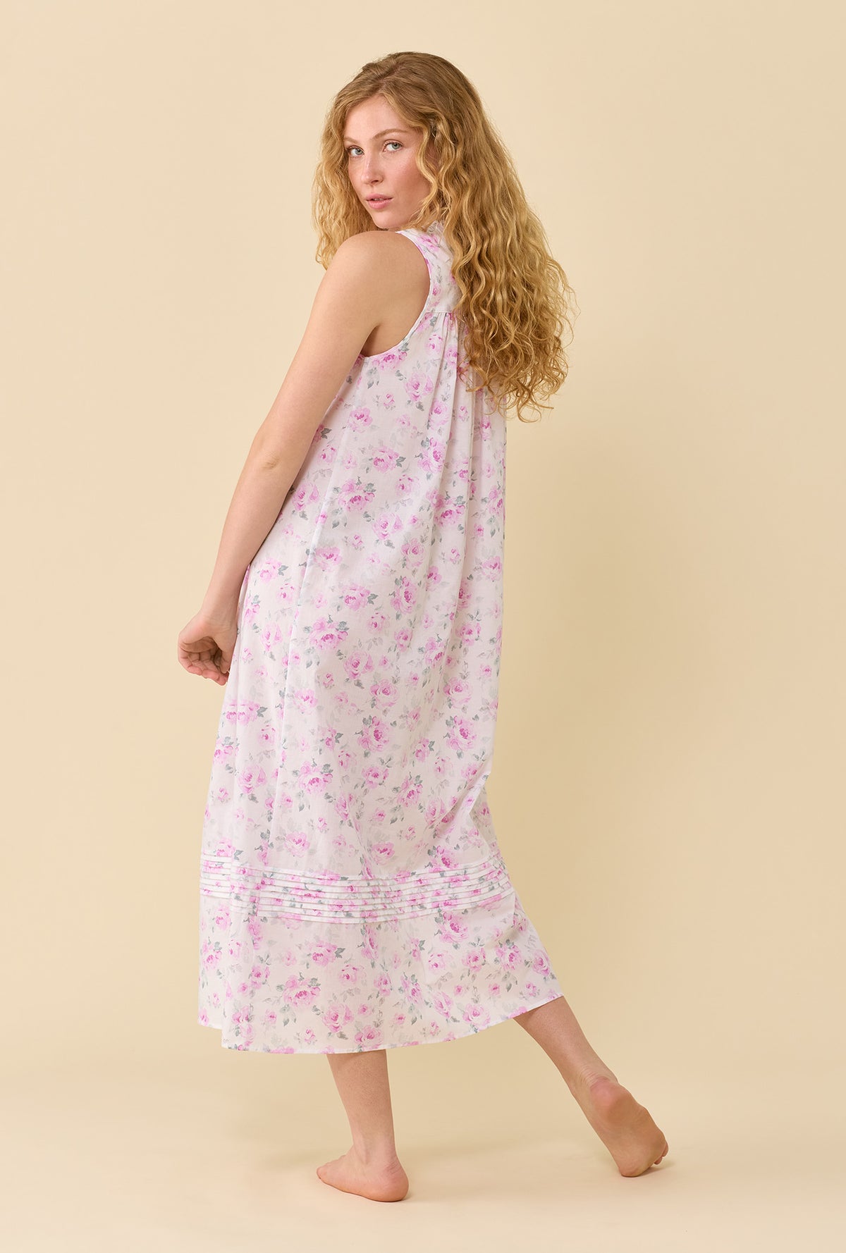 A lady wearing Eileen Antique Rose 100% Cotton Woven Lawn Ballet Nightgown back view