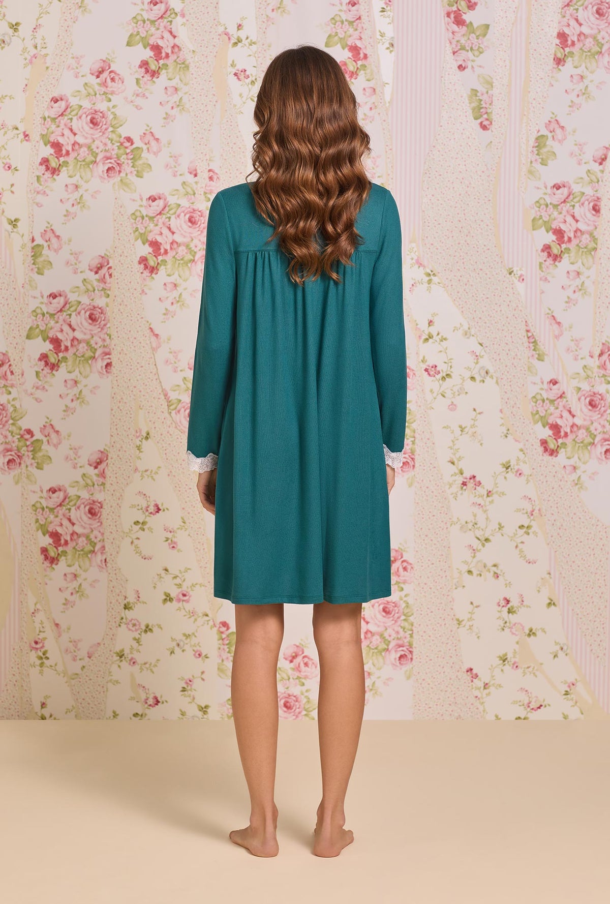 A lady wearing Hunter Green Dreamy Sweater Knit Chemise