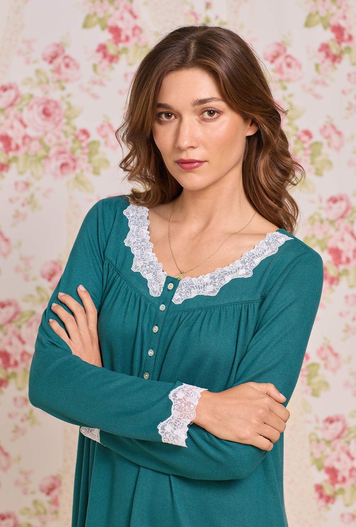 A lady wearing Hunter Green Dreamy Sweater Knit Chemise