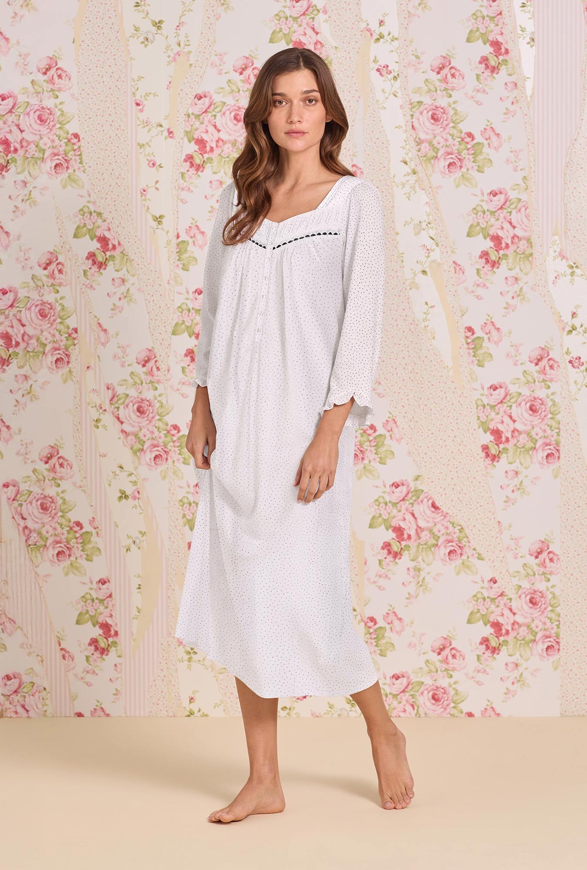 A lady wearing Classic Dot Cotton Knit 3/4 Sleeve Ballet Nightgown looking front