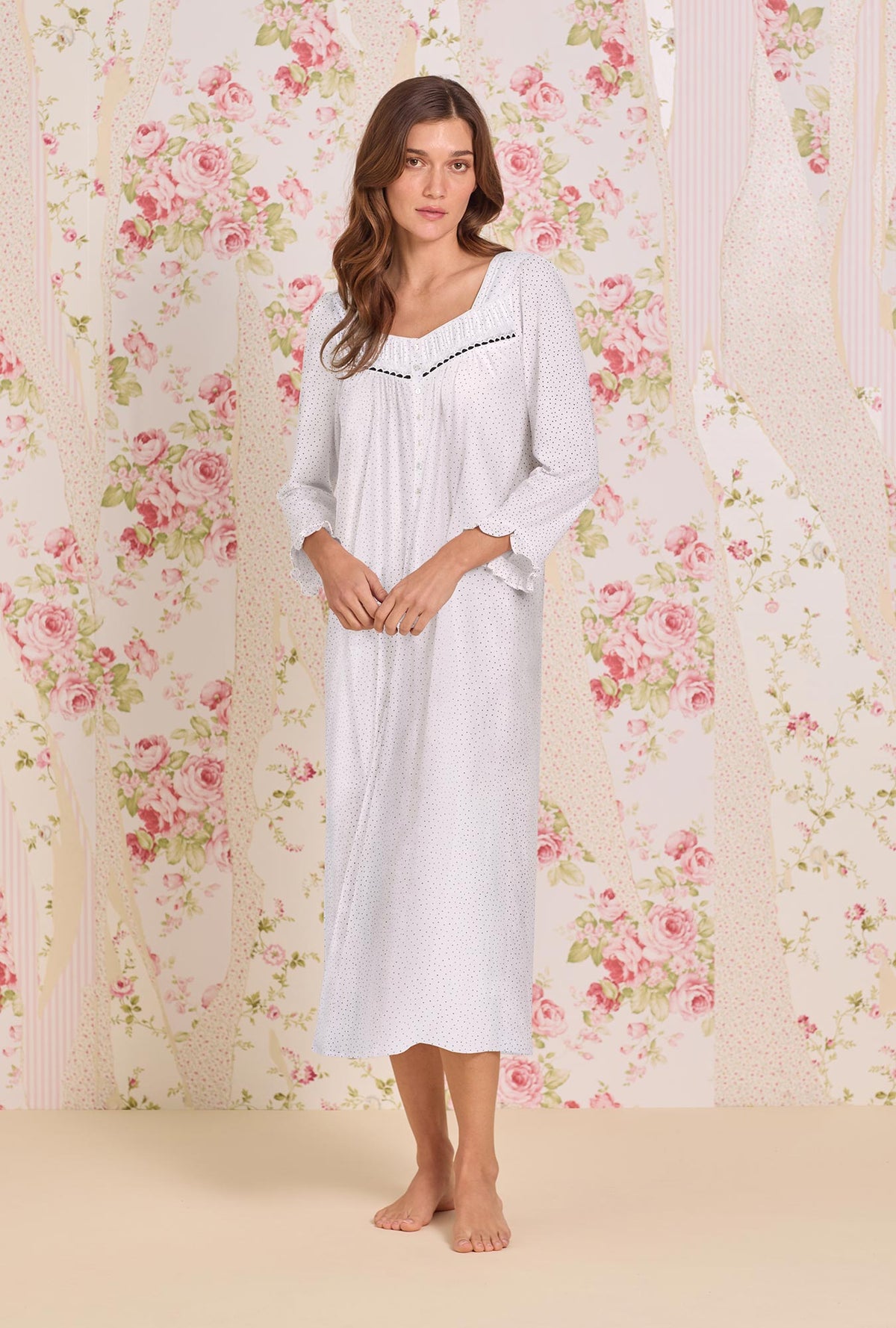 A lady wearing Classic Dot Cotton Knit 3/4 Sleeve Ballet Nightgown