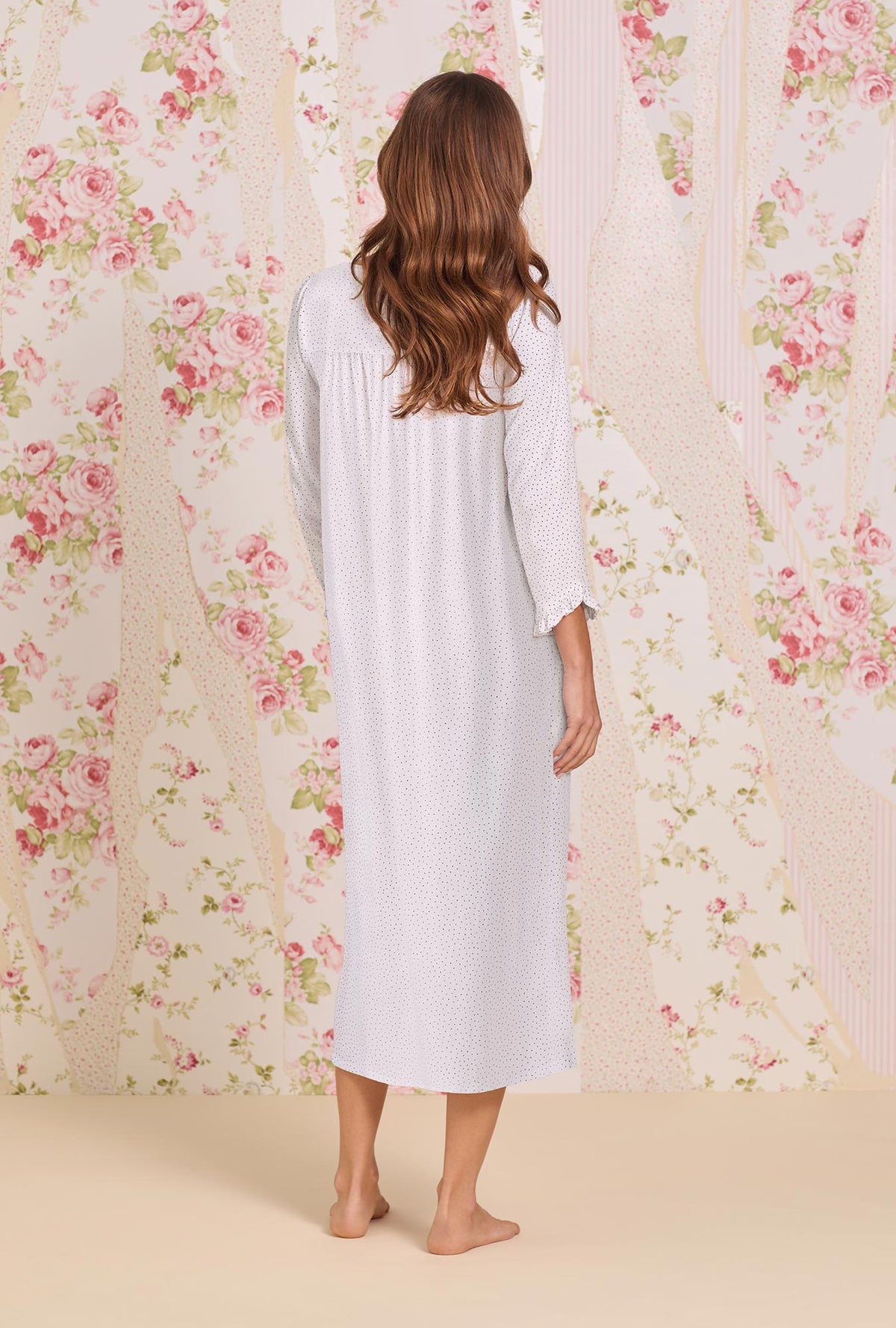 A lady wearing Classic Dot Cotton Knit 3/4 Sleeve Ballet Nightgown back view