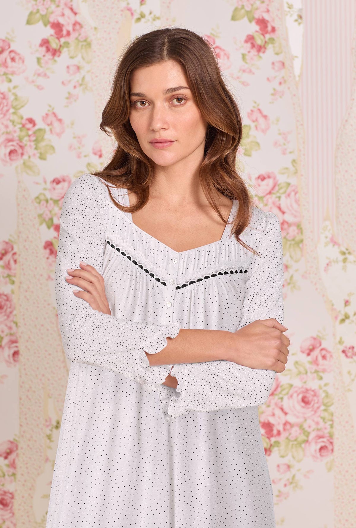 A lady wearing Classic Dot Cotton Knit 3/4 Sleeve Ballet Nightgown looking Closer
