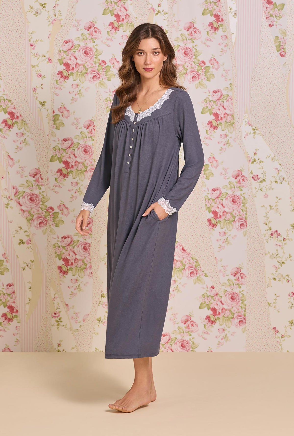 A lady wearing Charcoal Dreamy Sweater Knit Long Sleeve Ballet Nightgown