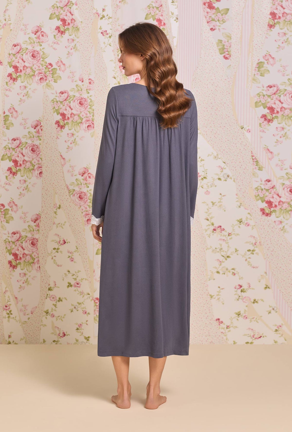 A lady wearing Charcoal Dreamy Sweater Knit Long Sleeve Ballet Nightgown
