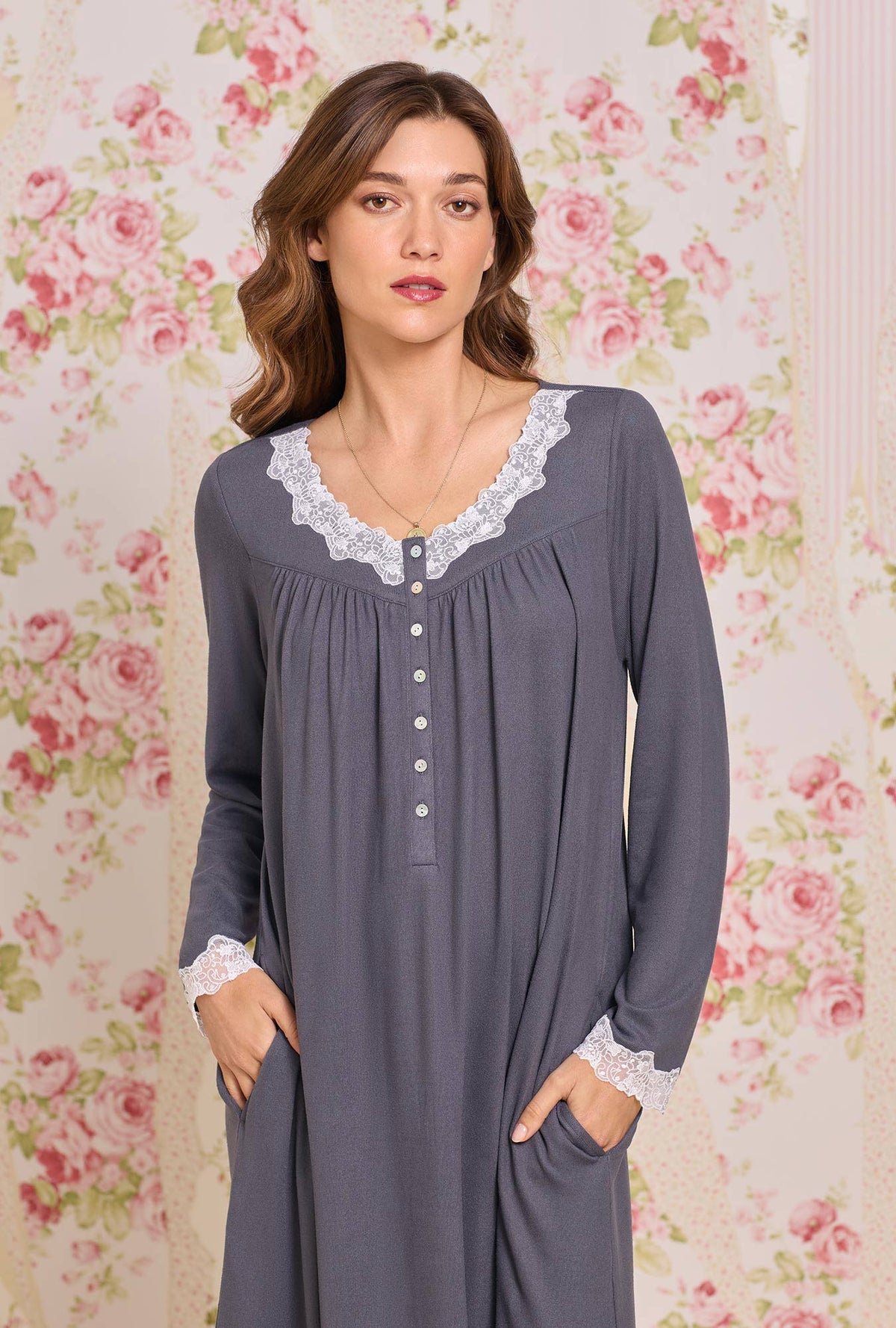 A lady wearing Charcoal Dreamy Sweater Knit Long Sleeve Ballet Nightgown