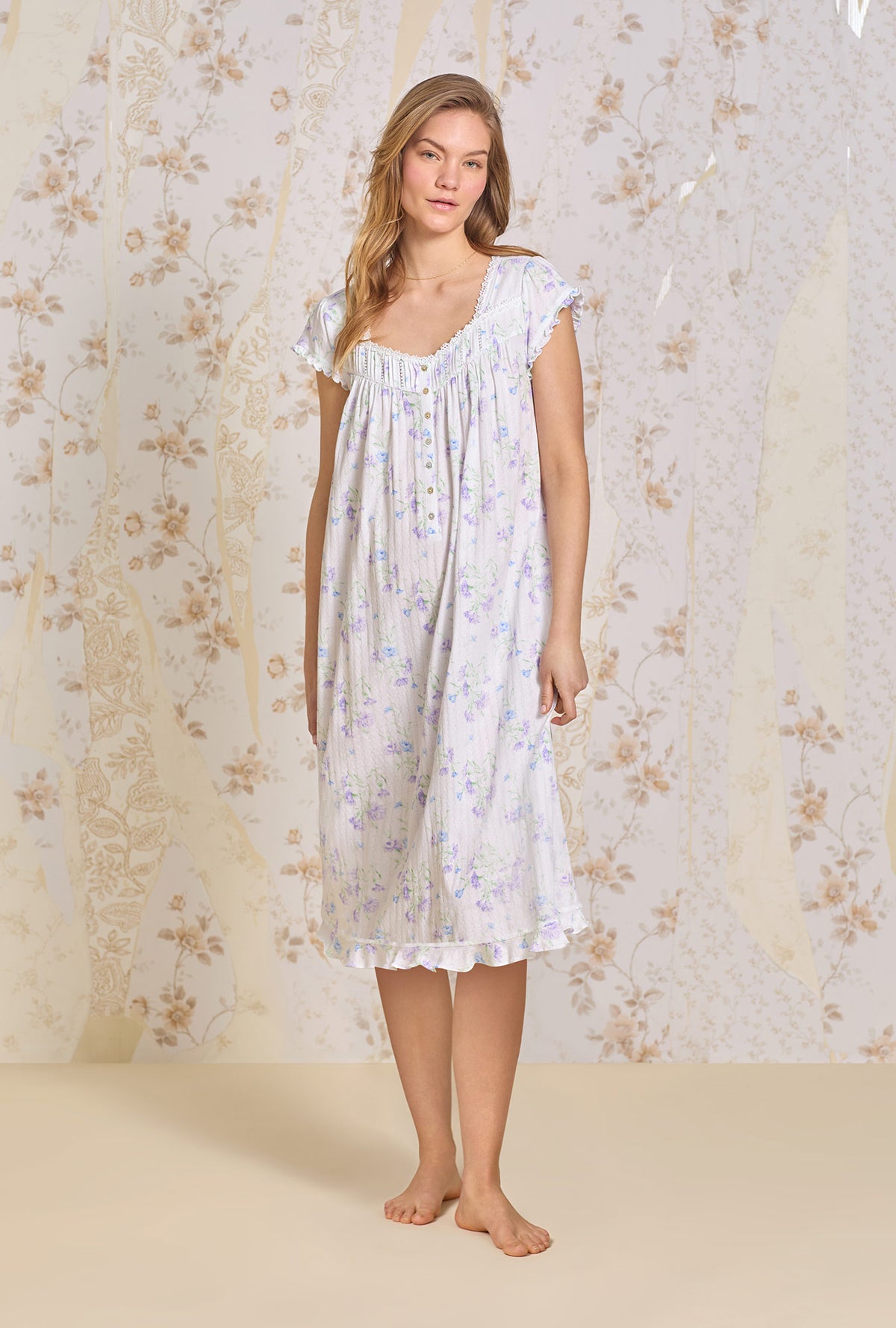 A lady wearing Wild Carnation Cotton Pointelle Waltz Nightgown
