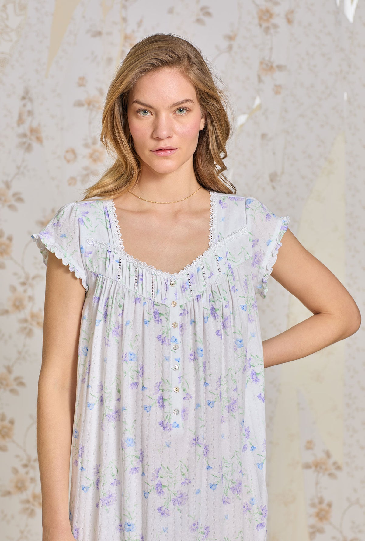 A lady wearing Wild Carnation Cotton Pointelle Waltz Nightgown