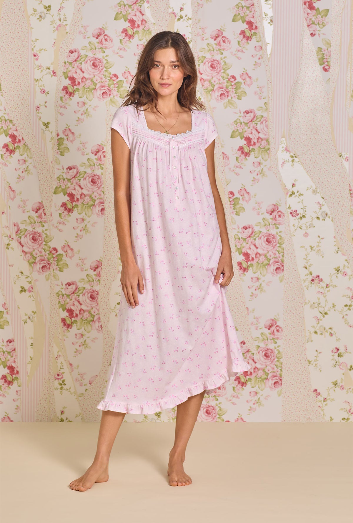 A lady wearing Rosebud Bliss Cotton Knit Long Nightgown