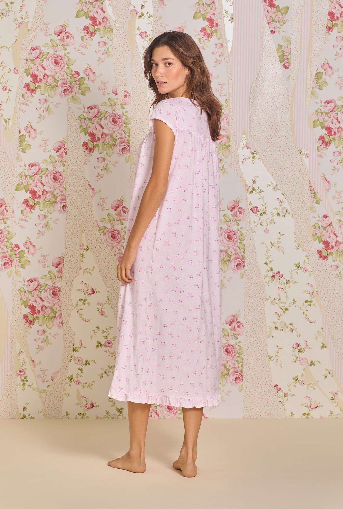 A lady wearing Rosebud Bliss Cotton Knit Long Nightgown