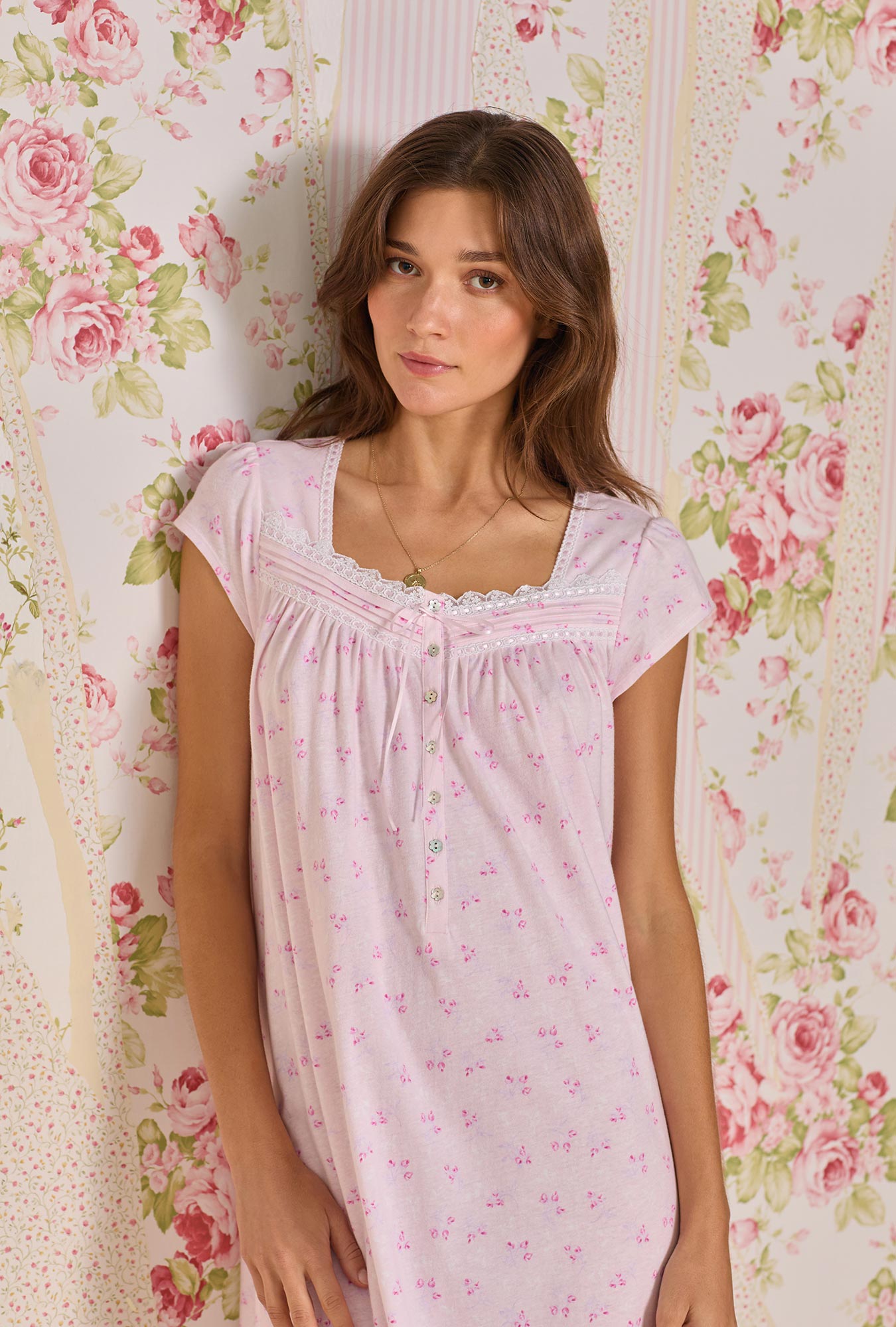 A lady wearing Rosebud Bliss Cotton Knit Long Nightgown
