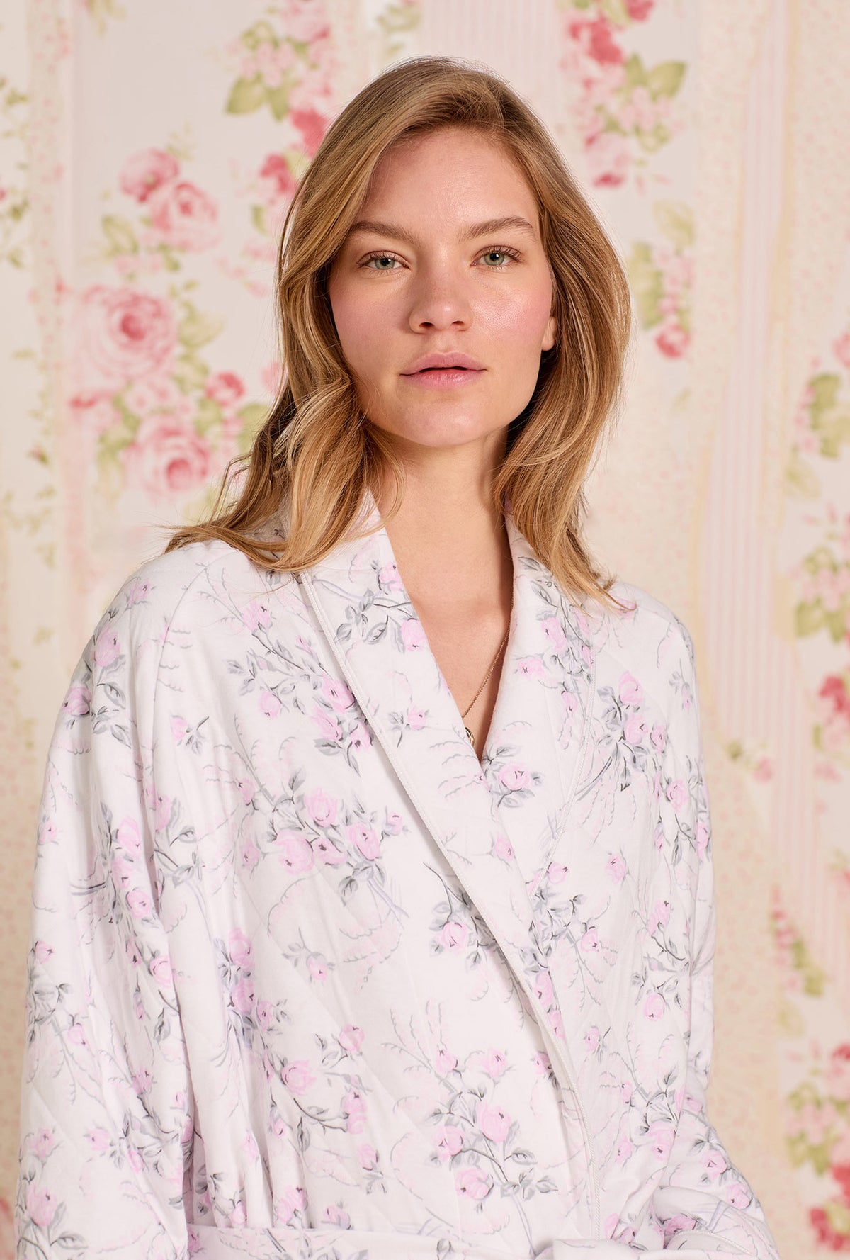 A lady wearing Quiet Bloom Cotton Diamond Quilt Wrap Robe