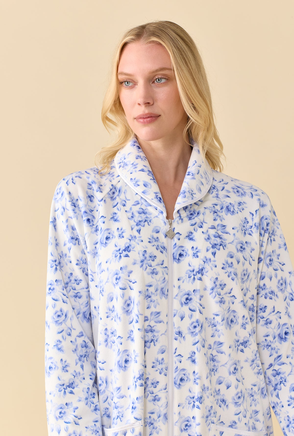 Lux Velour Ballet Zip Robe detailed view of the blue floral shawl collar and front zipper with arms lowered
