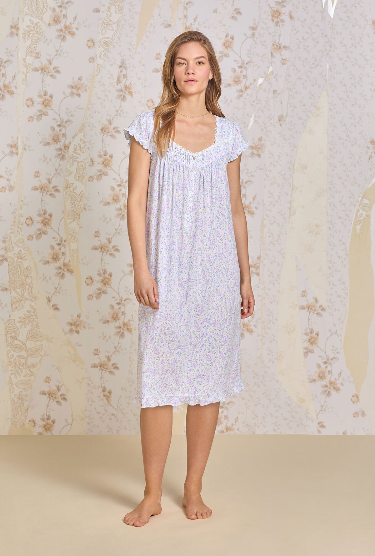 A lady wearing Floral Frolic Cotton Pointelle Waltz Nightgown