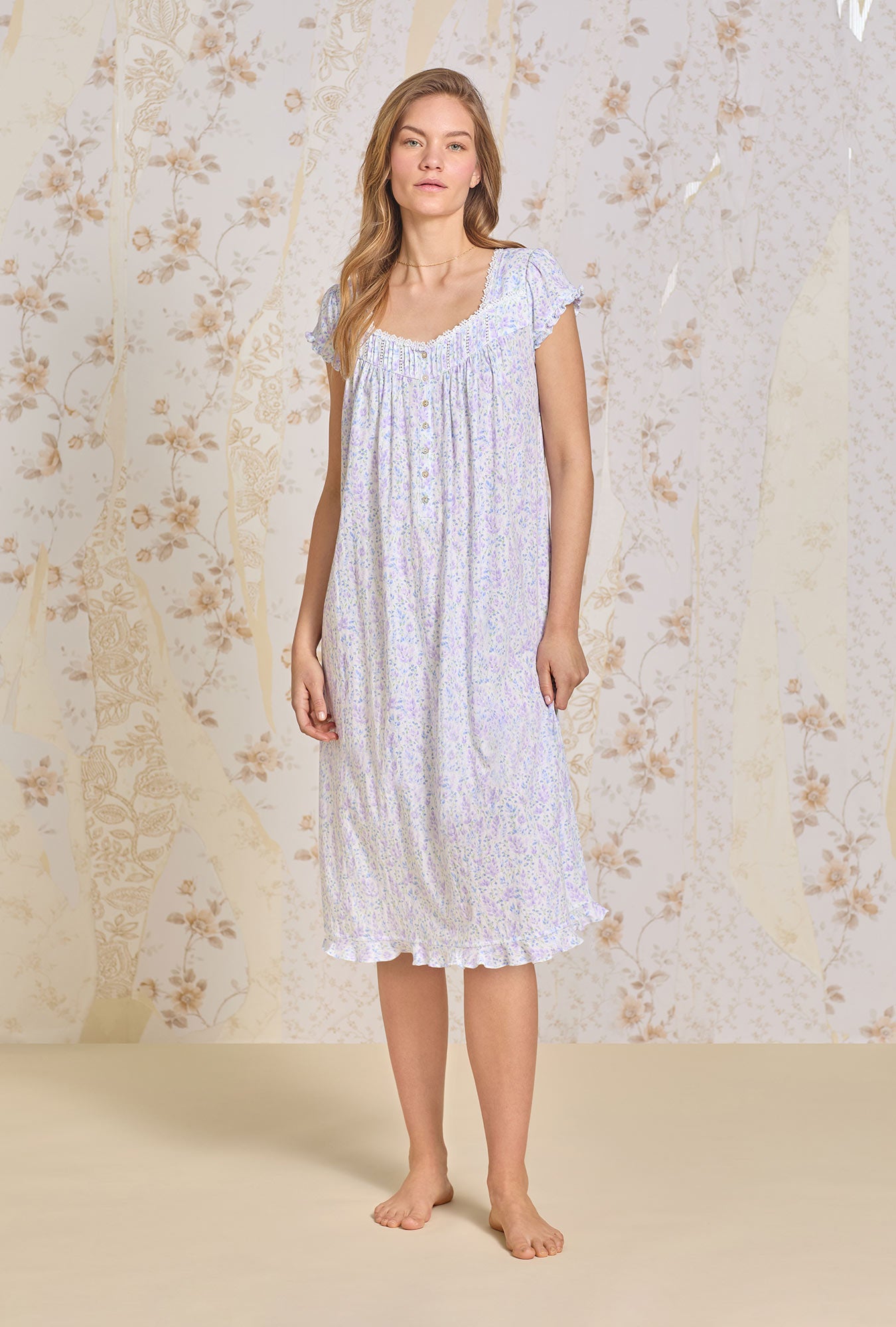 A lady wearing Floral Frolic Cotton Pointelle Waltz Nightgown
