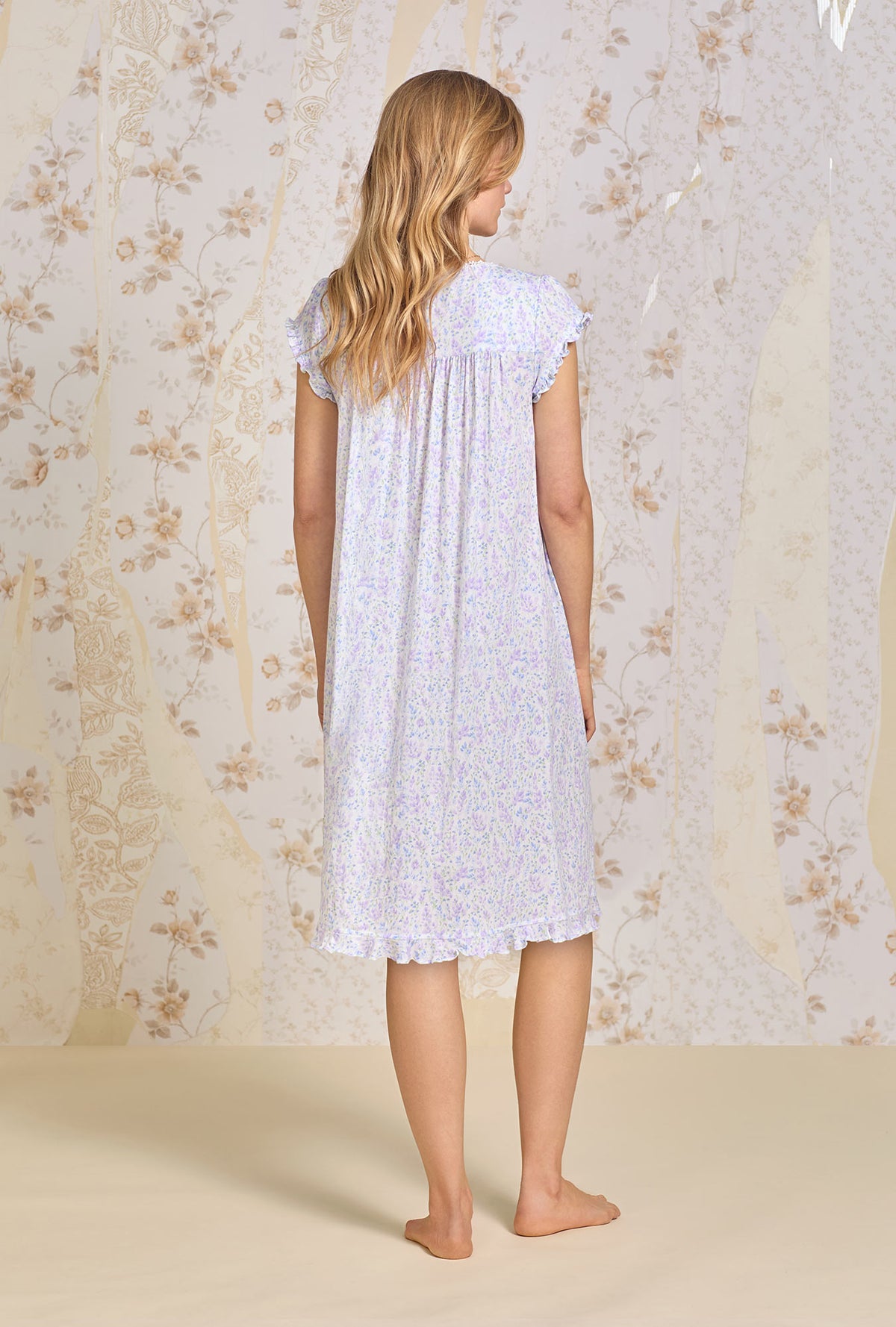 A lady wearing Floral Frolic Cotton Pointelle Waltz Nightgown