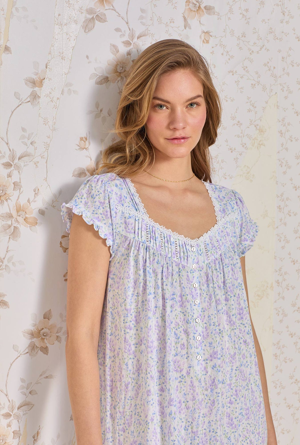 A lady wearing Floral Frolic Cotton Pointelle Waltz Nightgown