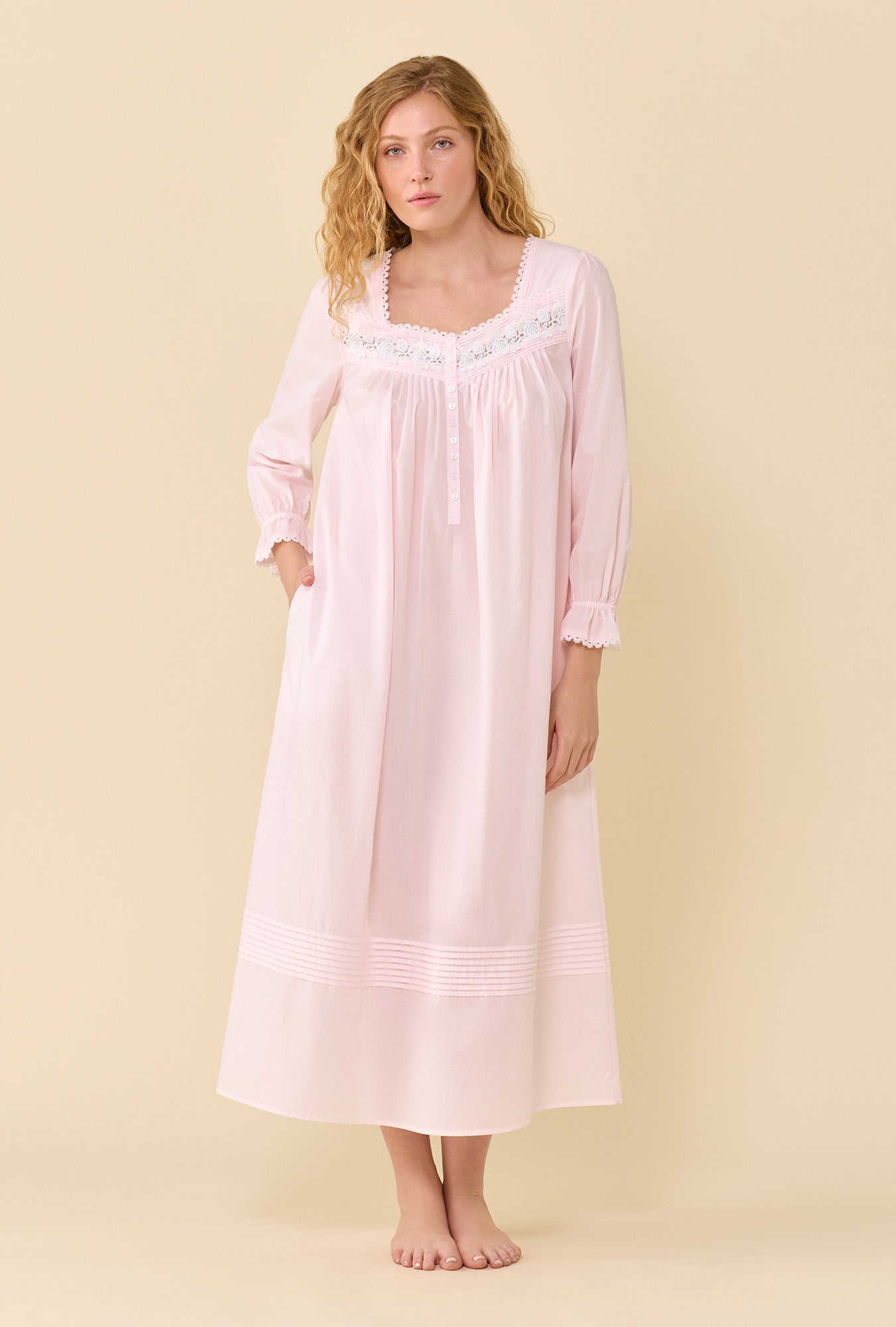 A lady wearing Soft Rose 100% Cotton Woven Lawn Long Sleeve Ballet Nightgown