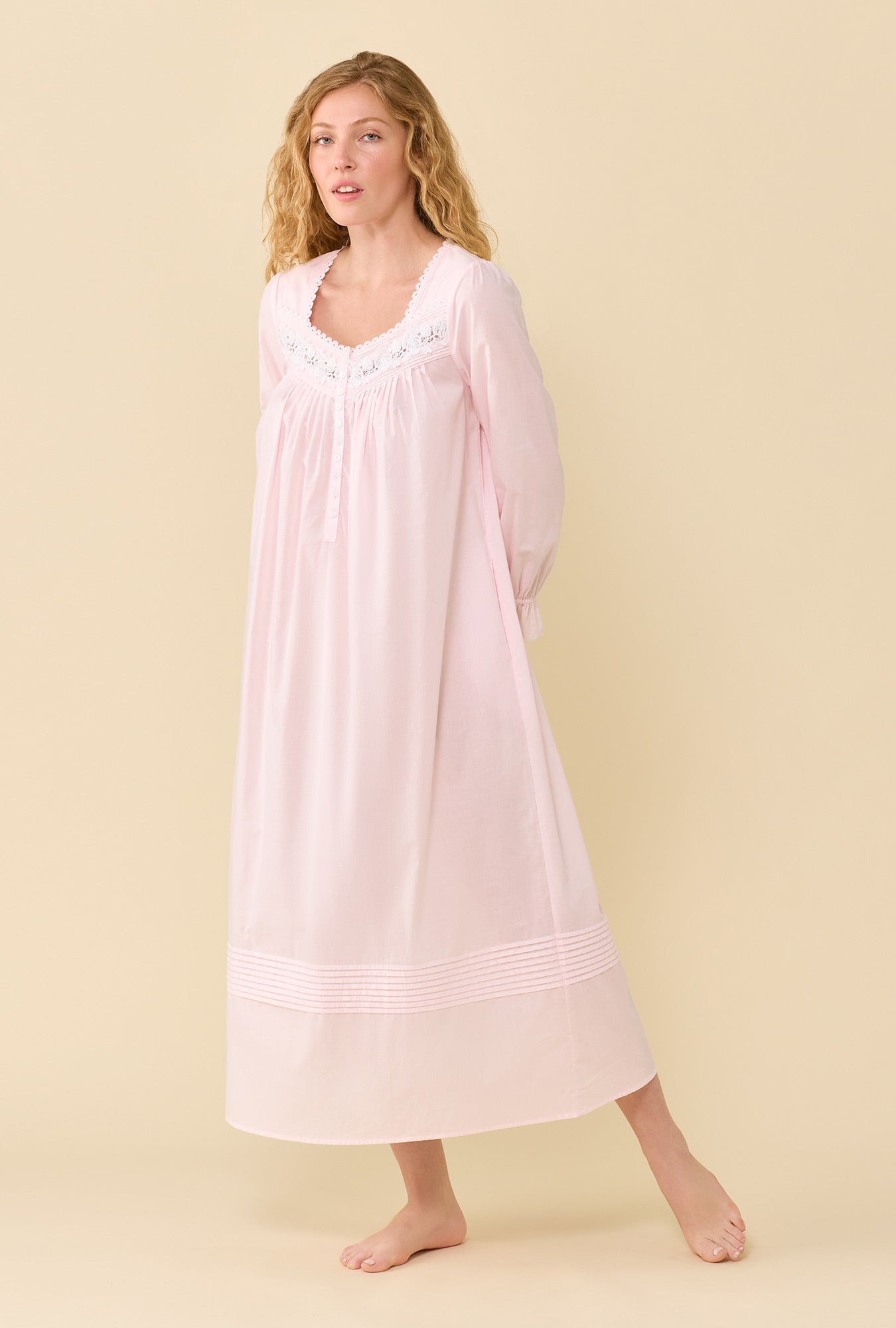 A lady wearing Soft Rose 100% Cotton Woven Lawn Long Sleeve Ballet Nightgown looking front
