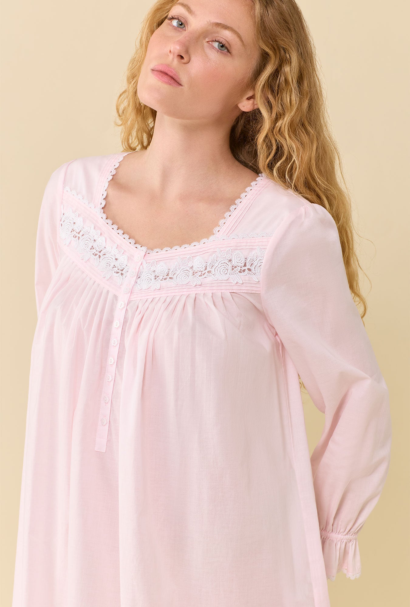 A lady wearing Soft Rose 100% Cotton Woven Lawn Long Sleeve Ballet Nightgown closer look