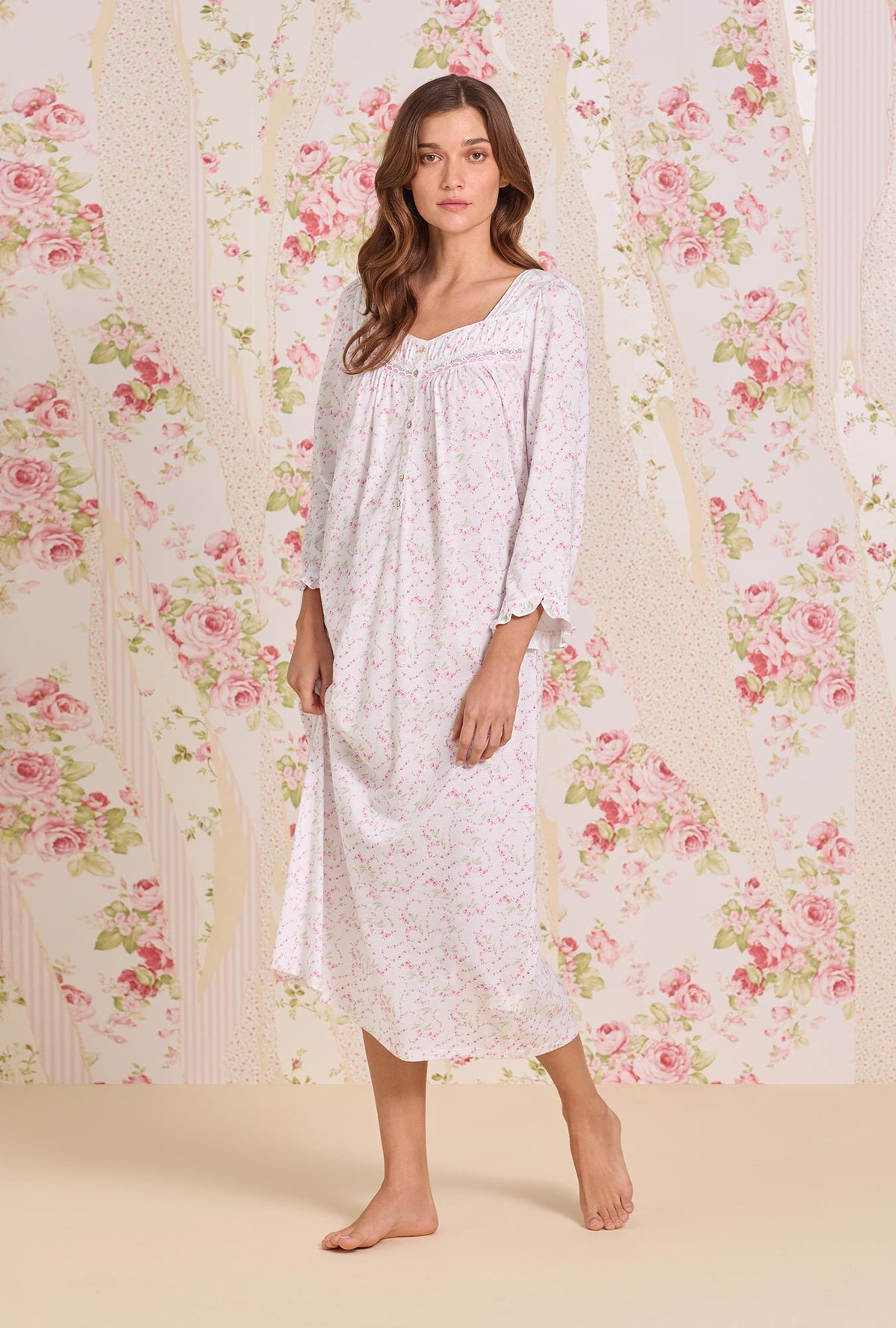 A lady wearing Rosevine Ditsy Cotton Knit 3/4 Sleeve Ballet Nightgown