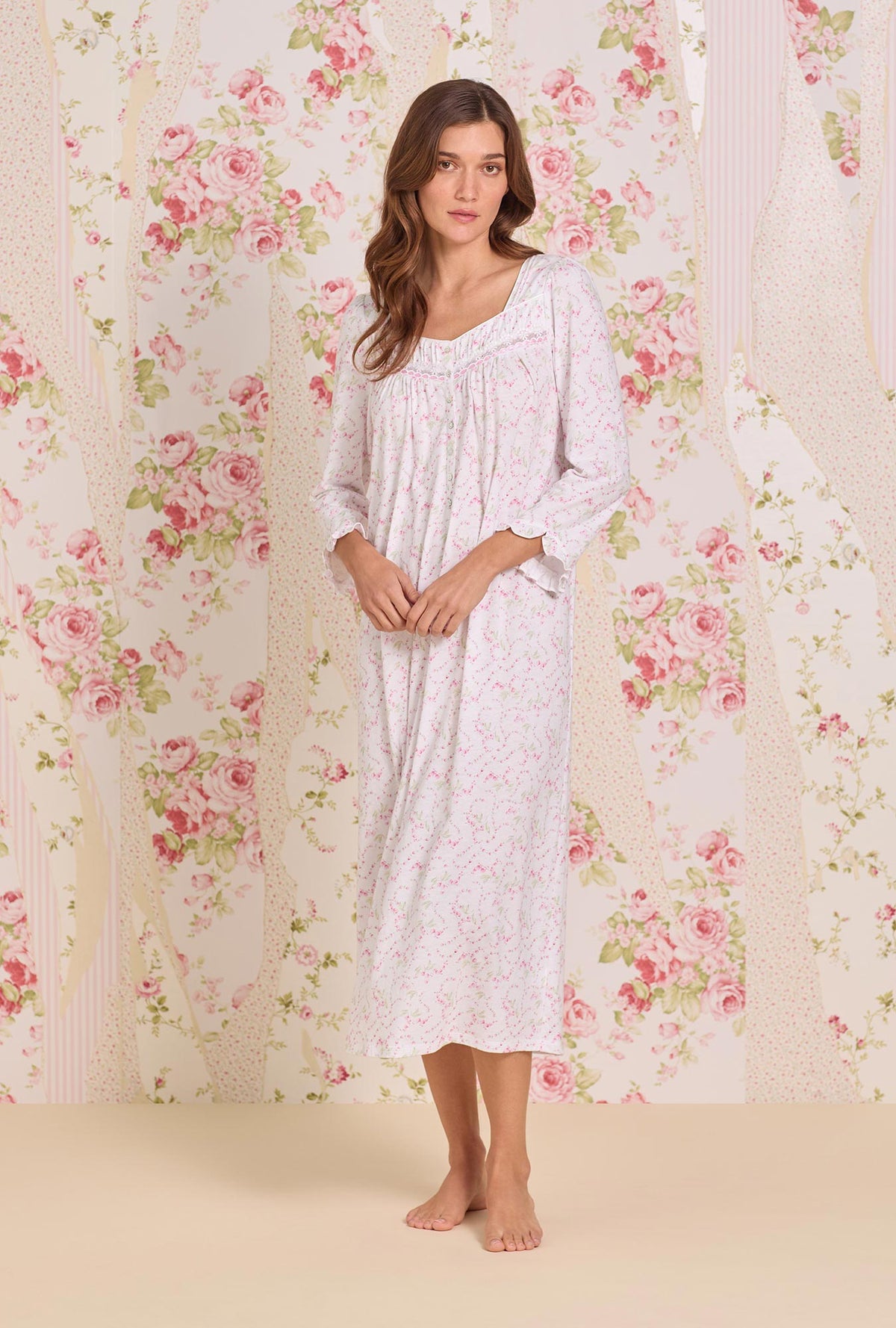 A lady wearing Rosevine Ditsy Cotton Knit 3/4 Sleeve Ballet Nightgown looking front
