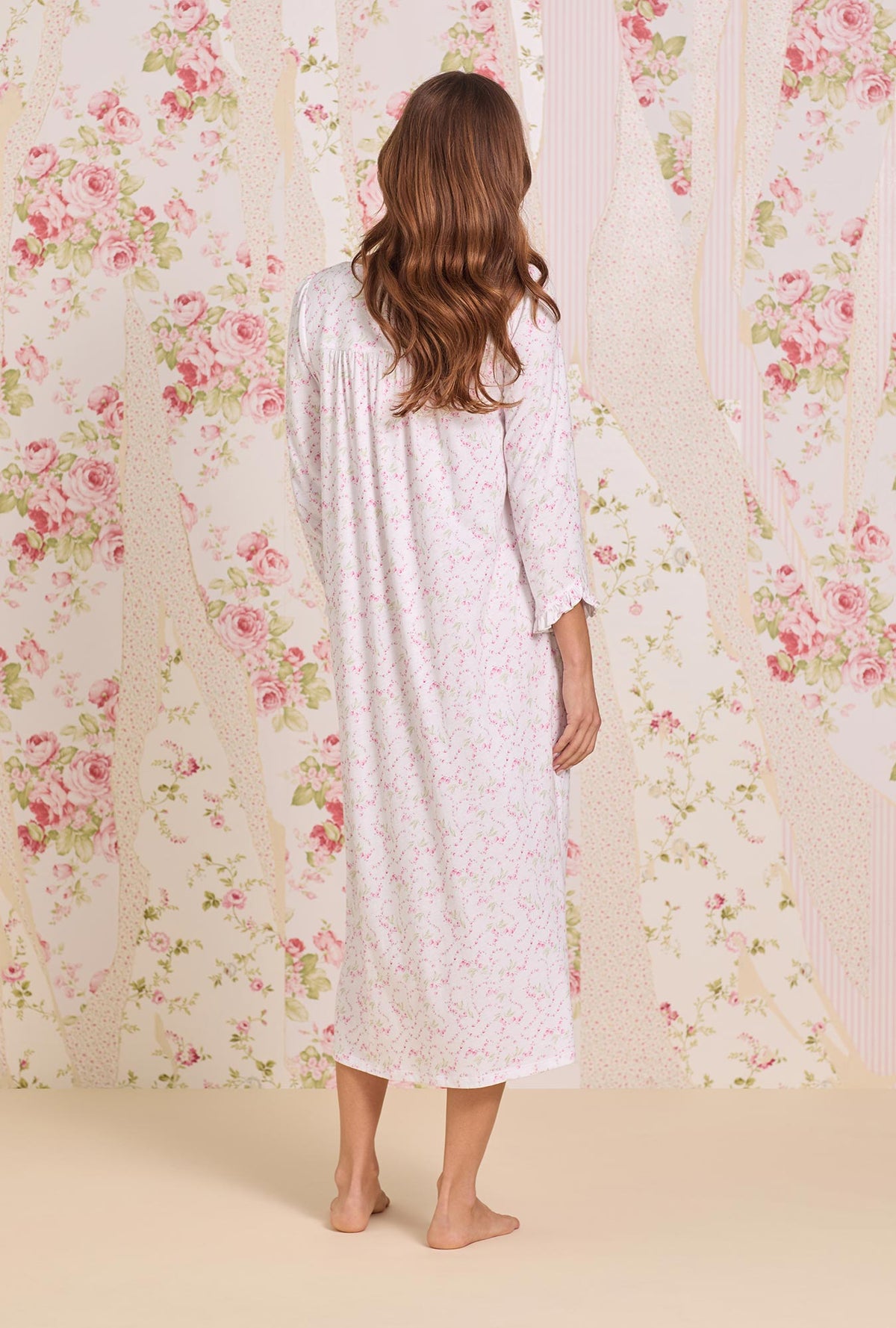 A lady wearing Rosevine Ditsy Cotton Knit 3/4 Sleeve Ballet Nightgown back view